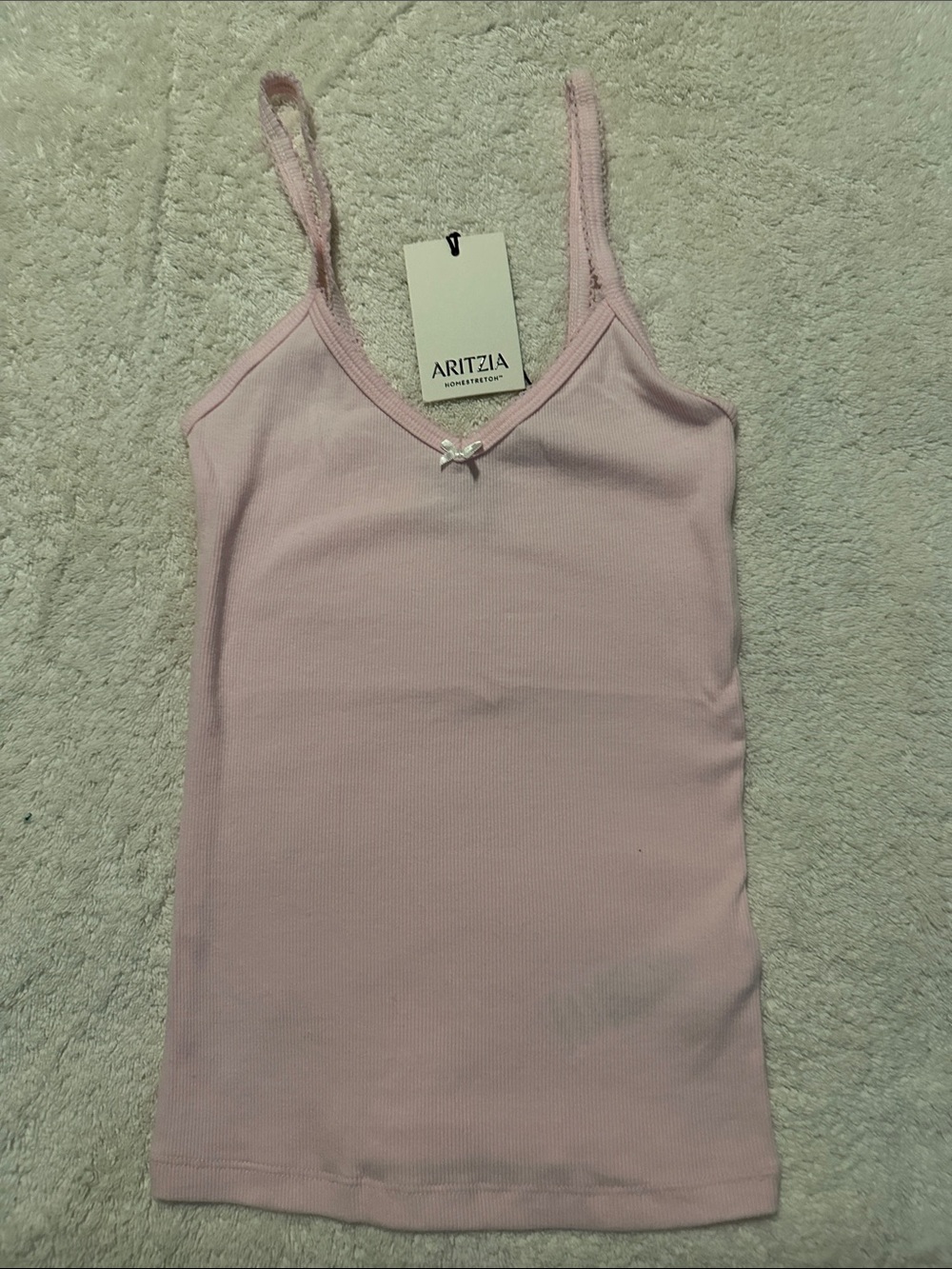 Aritzia Pale Pink Ribbed V-Neck Camisole with Bow